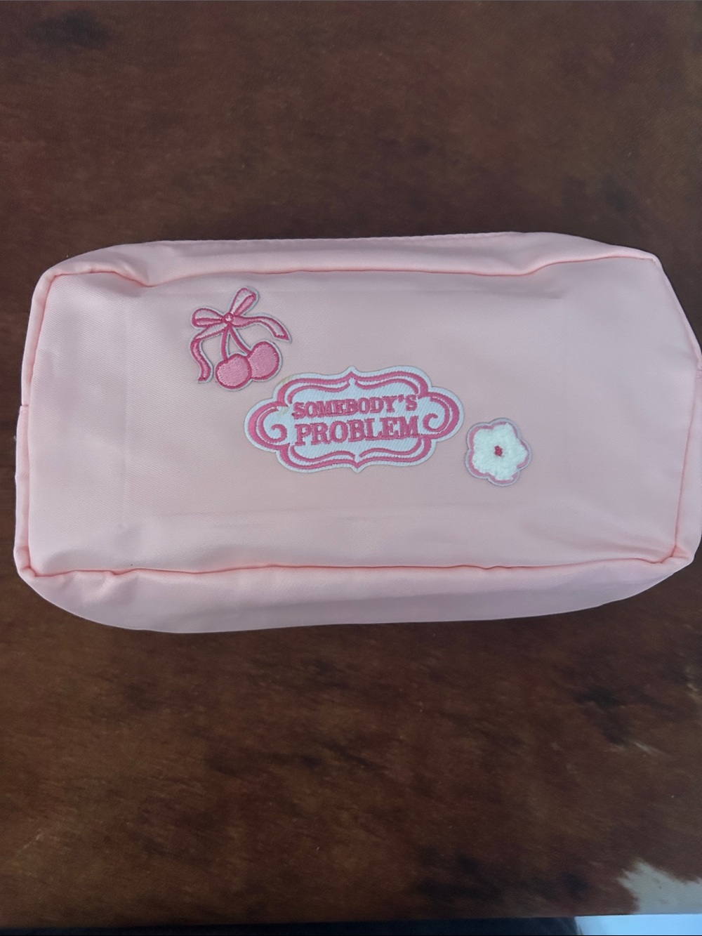 Pink Embroidered Cherry Cosmetic Pouch - "Somebody's Problem"